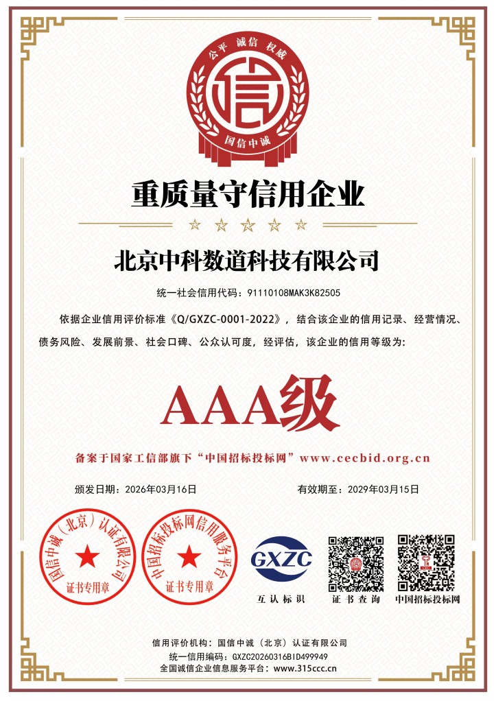 重质量守信用企业证书